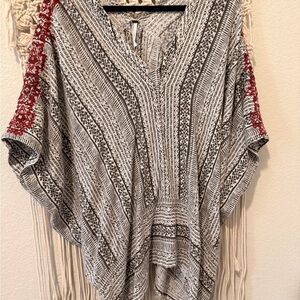 Free People Patterned Poncho XS Black White Red | Boho Blouse Freepeople